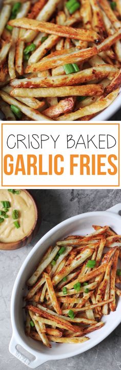 crispy baked garlic fries in a white casserole dish