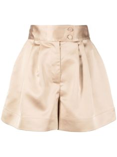 nude gold stretch-design satin finish high-waisted off-centre front button fastening pressed crease above-knee length Satin Shorts Outfit, Silk Shorts Outfit, Como Fazer Short, Gold Shorts, Satin Shorts, Satin Short, Girl Fits, Five Points, Silk Shorts