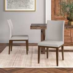 two white chairs sitting in front of a wooden table