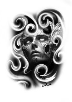 a black and white drawing of a woman's face with swirls on it