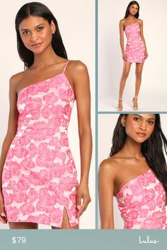 Spring into party mode with the Lulus Flowery Fete Pink Floral Jacquard One-Shoulder Mini Dress! Sturdy woven floral jacquard shapes a single adjustable spaghetti strap that supports a chic darted bodice. Fitted waist tops a figure-skimming mini skirt with a notched hem. Hidden zipper/clasp at back. Fit: This garment fits true to size. Length: Mid-thigh. Size medium measures 29" from adjustable straps to hem. Bust: Great for any cup size. Waist: Fitted - very fitted at natural waist. Hip: Loosely Fitted. Undergarments: May be worn with a strapless bra, adhesive bra, petals, or no bra. Fabric: Fabric has no stretch. Lined. Shell: 100% Polyester. Lining: 100% Polyester. Hand Wash Cold. Do Not Bleach. Line Dry. Iron Low Heat. Imported. Lulus | Flowery Fete Pink Floral Jacquard One-Shoulder Mi Mini Dress Floral, Party Mode, Lulu Fashion, Adhesive Bra, Floral Jacquard, Jacquard Dress, Dress Medium, Strapless Bra, Dress Floral