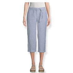 Nwt Liz Claiborne Blue & White Striped Belted Crop Pants Feature A Stretch Waist And Lightweight Linen Feel - Perfect For Hot Summer Days!!! Flat Front, Belted Style With A Front Hook & Eye/Zipper Closure And 4 Pockets (2 Side Slip Pockets In The Front And 2 Button Pockets In The Back). Lightweight, Loose Fit, And Partial Stretch Waistband That Sits At The Waist. Linen/Cotton Blend - Machine Washable. Size - M. Approx. Measurements: 17" - Waist (Laying Flat), 22" - Inseam, 11" - Rise (Front), An Blue Belted Summer Bottoms, Spring Blue Belted Bottoms, Casual Belted Ankle-length Pants, Casual Belted Pants, Blue Tie Waist Bottoms For Spring, Blue Bottoms With Tie Waist For Spring, Blue Tie-waist Bottoms For Day Out, Blue Bottoms With Tie Waist For Day Out, Casual Blue Bottoms With Tie Waist