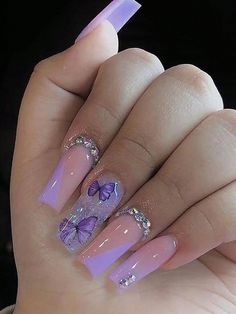 Butterfly Nail Designs, Purple Nail Art, Purple Acrylic Nails, Milky Nails, Purple Nail Designs, Lavender Nails, Colorful Nails, Purple Nail, Cute Acrylic Nail Designs