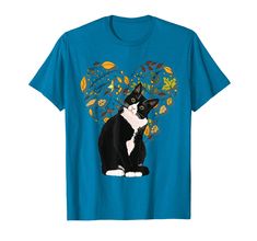 a blue t - shirt with a black and white cat on it