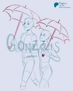 a drawing of two people holding umbrellas