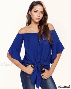 OliviaMark - Elegant Chiffon Blouse with Mandarin Collar: Solid Color, 3/4 Sleeve, Tie-front, Pullover Top Blue Half-sleeve Summer Tops, Blue Half-sleeve Blouse For Summer, Blue Half Sleeve Blouse For Summer, Blue Summer Top With 3/4 Sleeves, Blue Top With 3/4 Sleeves For Summer, Solid Color Tops With 3/4 Sleeve For Day Out, Flowy Half Sleeve Casual Tops, Casual Flowy Half Sleeve Tops, Chic Blue Tops With 3/4 Sleeve