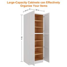 the large cabinet is shown with measurements for each item in it's storage compartment