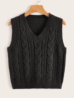 Black Casual   Polyester Plain   High Stretch Spring/Fall Women Knitwear Knitted Vest Top, Winter Knit Black Vest, Blck Knit Vest, Casual Black V-neck Sweater Vest, Knit Vest Black, Black Sweater Vest, Sweater Vest Black, Black Knitted Vest, Half Sweater