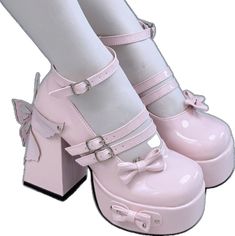 Cute Closed Toe Platform Heels, Harajuku Style Heels For Spring, Cute Platform Heels With Round Toe, Cute Pink Platform Heels, Pink Kawaii Closed Toe Heels, Harajuku Style Round Toe Synthetic Heels, Spring Harajuku Ankle Strap Heels, Pink Kawaii Heels, Kawaii Platform Heels With Round Toe