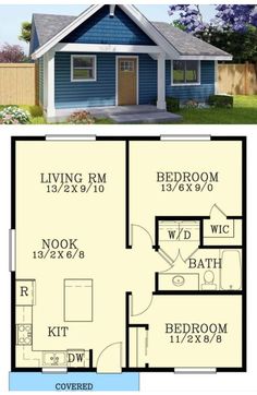 a small blue house with the floor plan