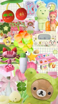 a collage with many different items including teddy bears and other things in the background