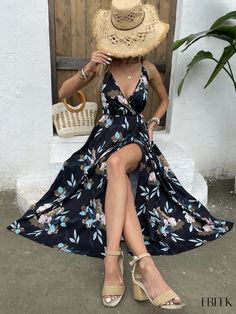 Ebeek - Elegant Floral Print V-neck Spaghetti Dress with a Stylish Split Backless Design - Womens Clothing Black Maxi Dress With Surplice Neckline For Summer, Spaghetti Dress, Backless Design, Dress Spaghetti, Elegant Floral, Type A, Cami Dress, Summer Fall, Autumn Summer