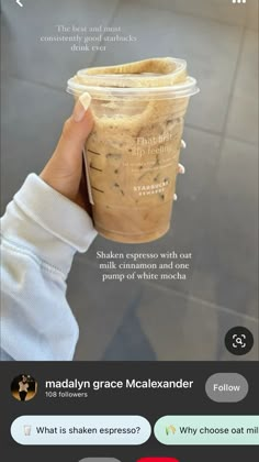 someone is holding up a cup of coffee in their hand, with the caption below it