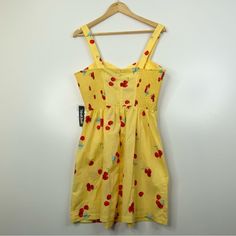 Modcloth Cherry Print Sunshine Fit And Flare Mini Sundress. Size Medium. (Nwt). (G07). Retro Cotton Dress For Brunch, Cotton Retro Dress For Brunch, Yellow Fitted Sundress For Daywear, Fitted Yellow Sundress For Daywear, Vintage Yellow Sundress For Spring, Yellow Vintage Sundress For Spring, Yellow Cotton Fitted Sundress, Yellow Retro Sundress For Summer, Retro Yellow Sundress For Summer