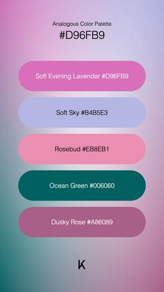 Analogous Color Palette Soft Evening Lavender #D96FB9 · Soft Sky #B4B5E3 · Rosebud #EB8EB1 · Ocean Green #006060 · Dusky Rose #A86089 Analogous Color Palette, Ocean Green, Rose Buds, Color Palettes