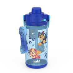 a blue water bottle with paw patrol characters on it