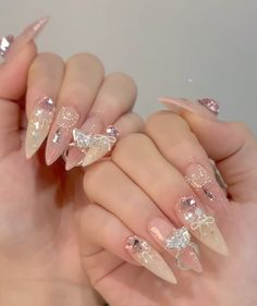 Douyin Charm Nails, Korean Jelly Nails With Gems, Korean Jelly Nails With Charms, Anime Nails, Korean Nails, Nails Inspo, Nails Nailart, Pink Glitter