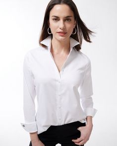 No-Iron Stretch Shirt - Chico's Capsule Wardrobe Work, How To Wear Leggings, Fashion Capsule Wardrobe, White Shirt Blouse, Travel Capsule Wardrobe, Jacquard Jacket, Iron Shirt, Stylish Clothes, Fashion Capsule