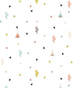 an abstract pattern with triangles, cactus and teepees on the white wallpaper