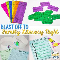 a collage of images with the words blast off to family literacy night written on them