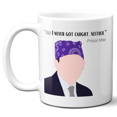 a white coffee mug with an image of a person wearing a purple bandanna on it