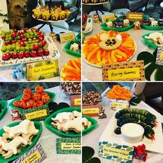 several pictures of different foods and desserts on display at an animal themed birthday party