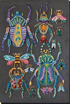 beaded bugs and insects are displayed on a black background