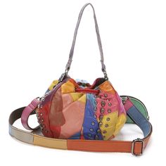 Vintage Style Dresses, Mini Shoulder Bag, Colored Leather, Patchwork Designs, Coin Pouch, Leather Mini, Handbag Accessories, Leather Fashion, Bucket Bag