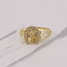 10k Gold Ring Virgin Mary - Our Lady Of Guadalupe Yellow Gold Authentic With White Cubic Zirconia Size 8.5 Fine Jewelry Check Out My Other Jewelry ************ Anillo De La Virgen Mara - Nuestra Seora De Guadalupe De 10 Kilates Oro Slido Tamao 8.5 Anillo Para Mujer Joyeria Fina Oro Dorado Autentico Anillo La Virgen De Guadalupe En Herradura Stock #081612 Gold Virgin Mary Ring, Gold Quince Ring, 10k Gold Ring, Our Lady Of Guadalupe, Lady Of Guadalupe, Christmas Wishlist, Our Lady, Virgin Mary, Quince