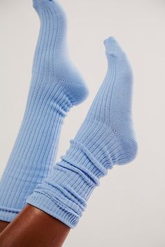 Just as versatile as they are vintage-inspired, these super cool socks are featured in a high-rise silhouette, perfect for wearing up to the knee or scrunching down for a more effortless style. * Super high needle count for detailing * Hand-closed toe for extra comfort * 1x1 rib for a super smooth feel | Super Scrunch Solid Socks by Hansel From Basel at Free People in Blue Trendy Blue Knee-high Socks For Winter, Blue Socks Aesthetic, Cozy Mid-calf Spring Socks, Trendy Blue Socks For Winter, Trendy Blue Winter Socks, Stretch Blue Socks For Spring, Blue Stretch Socks For Spring, Comfortable Fitted Blue Knee-high Socks, Fitted Blue Socks For Fall