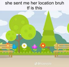 two park benches sitting next to each other in front of green trees and flowers with the words, she sent me her location bruh it is this