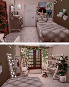 two pictures of a bedroom with plants in the corner