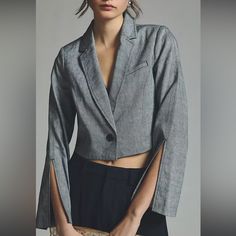 Anthropologie Grey Heather Bell Sleeve Blazer. New With Tags. Tailored Spring Cropped Jacket With Pockets, Tailored Cropped Jacket With Pockets For Spring, Chic Fitted Cotton Cropped Jacket, Tailored Tops With Pockets For Fall, Chic Cropped Outerwear For Spring, Spring Formal Cropped Outerwear, Chic Fitted Button-up Cropped Jacket, Chic Cropped Jacket With Lapel Collar For Spring, Chic Cotton Blazer For Day Out