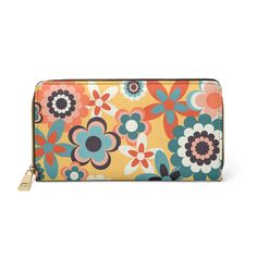 Designed with love and adorned with a groovy 60's and 70's mcm boho floral design, our zipper wallet is made from cruelty-free faux leather, so you can flaunt your unique style without compromising your values! Inside the zipper closure, you'll find pockets designed to hold your cash, credit cards, coins, and checkbook, ensuring your valuables are secure while you are free to go where your carefree spirit takes you! *Note that this item prints and ships from our overseas production partner in Ch Multicolor Wallet For Spring Gift, Multicolor Wallet As Spring Gift, Vintage Multicolor Wallets For Everyday Use, Vintage Multicolor Wallet For Everyday Use, Vintage Multicolor Wallet For Daily Use, Retro Style Rectangular Wallets For Daily Use, Retro Rectangular Wallets For Daily Use, Vintage Wallets With Zipper Closure For Daily Use, Vintage Multicolor Travel Wallets