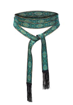 a blue and green scarf with fringes on it's ends, against a white background