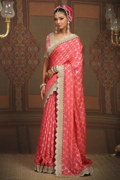 Punch pink floral jaal chanderi saree, embellished with intricate gota, dori and badla work and maroon border. Comes with silk chanderi padded blouse with scalloped neckline. - Aza Fashions Badla Work, Punch Pink, Chanderi Sarees, Chanderi Saree, Scalloped Neckline, Padded Blouse, Blouse For Women, Pink Saree, Trim Detail