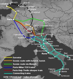 a map showing the routes of trains in europe