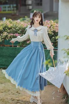 Spring Long Sleeve Blouse For Garden Party, Long Sleeve Blouse For Garden Party In Spring, Long Sleeve Blouse For Spring Garden Party, Elegant Feminine Outfits, Shopping Link, Op Dress, Classic Lolita, Blouse Skirt, Dress Cottagecore