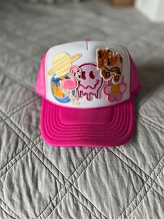 This is a one of a kind, hand made trucker hat embellished with western inspired frill. Trendy Pink Hats For Music Festival, Pink Summer Hats For Music Festival, Fun Pink Hat For Music Festival, Trendy Festival Trucker Hat With Flat Brim, Festival Trucker Cap With Curved Brim, Festival Trucker Baseball Cap With Curved Brim, Trucker Snapback Hat With Curved Brim For Festivals, Funky Pink Hat For The Beach, Funky Pink Hats For The Beach