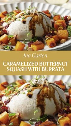 Ina Garten Caramelized Butternut Squash With Burrata Butternut Squash And Burrata, Butternut Squash Burrata, Black Truffle Burrata Recipes, Butternut Appetizer, Fall Burrata Appetizer, Fall Burrata, Buratta Recipe, Burrata Cheese Recipe, Butternut Squash Appetizer