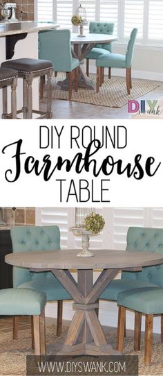 the diy round table is made from wood and has blue upholstered chairs