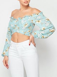 Elevate your fashion game with this aqua blue off-the-shoulder crop top from PRIVY! 💃👚 Designed with a flattering fit and long sleeves, this blouse is perfect for any occasion. Made with high-quality polyester-spandex material, it ensures maximum comfort and durability. 🔝 Stay stylish and trendy with this fashionable crop top, exclusively available in size S for women. #PRIVY #CropTop #OffTheShoulder #Fashion #WomensClothing #Blouse #AquaBlue Floral Print Cropped Top For Night Out, Cropped Top With Floral Print For Night Out, Cropped Floral Print Top For Night Out, Blouse Crop Top, Blouse Crop, Color Aqua, Pretty Blouses, Crop Top Blouse, Shoulder Crop Top