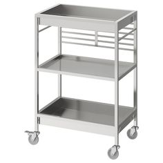 a metal cart with three shelves on wheels