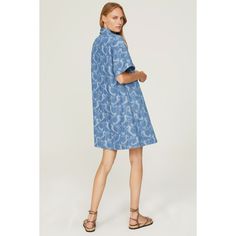 Blue printed cotton (100% Cotton). Shift. Collared neck. Short sleeve. Pull-on. 38" from shoulder to hemline. Imported. Denim Blue Short Sleeve Cotton Mini Dress, Blue Short Sleeve Lagenlook Dress, Denim Blue Cotton V-neck Mini Dress, Cute Coverups, Indigo Button-up Cotton Denim Dress, Blue Short Sleeve Cotton T-shirt Dress, Rent The Runway, Closet Designs, Printed Cotton