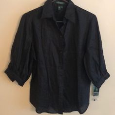 Lightweight Solid Black Button Down. 1/2 Sleeve Length With Button On Cuff. Good Condition Black Tops With Covered Buttons For Office, Formal Black Top With 3/4 Sleeves, Black Button Cuffs Blouse For Business Casual, Black Button Closure Blouse For Business Casual, Business Casual Black Blouse With Buttons, Black Blouse With Button Closure For Business Casual, Black Blouse For Business Casual With Button Closure, Black Business Casual Blouse With Button Closure, Formal Black 3/4 Sleeve Top