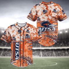 an orange and white baseball jersey with flowers on it