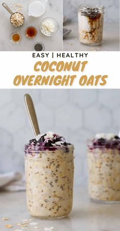 overnight oatmeal recipe in a jar with spoons and ingredients on the side