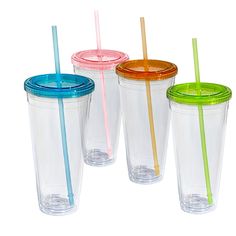 four plastic cups with different colored lids and straws