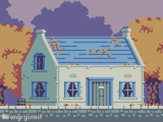 a pixel art house with trees in the background