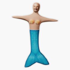 an image of a man with a fake mermaid tail on his chest and two seashells on his back